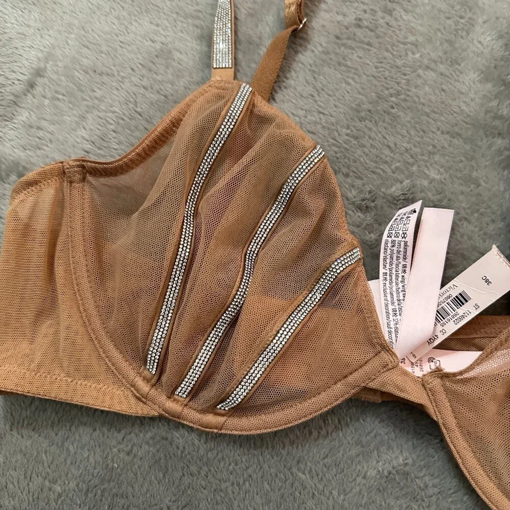 NWT Victoria's Secret Very Sexy Low Cut Demi Underwire Bra 38C Mesh Jeweled